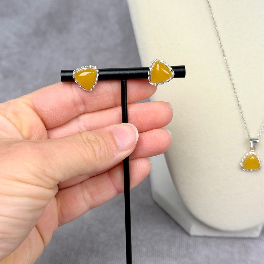 Yellow Jade Triangle Pendant Necklace and Stud Earrings Set Sterling Silver 18" - Picture 3 of 11